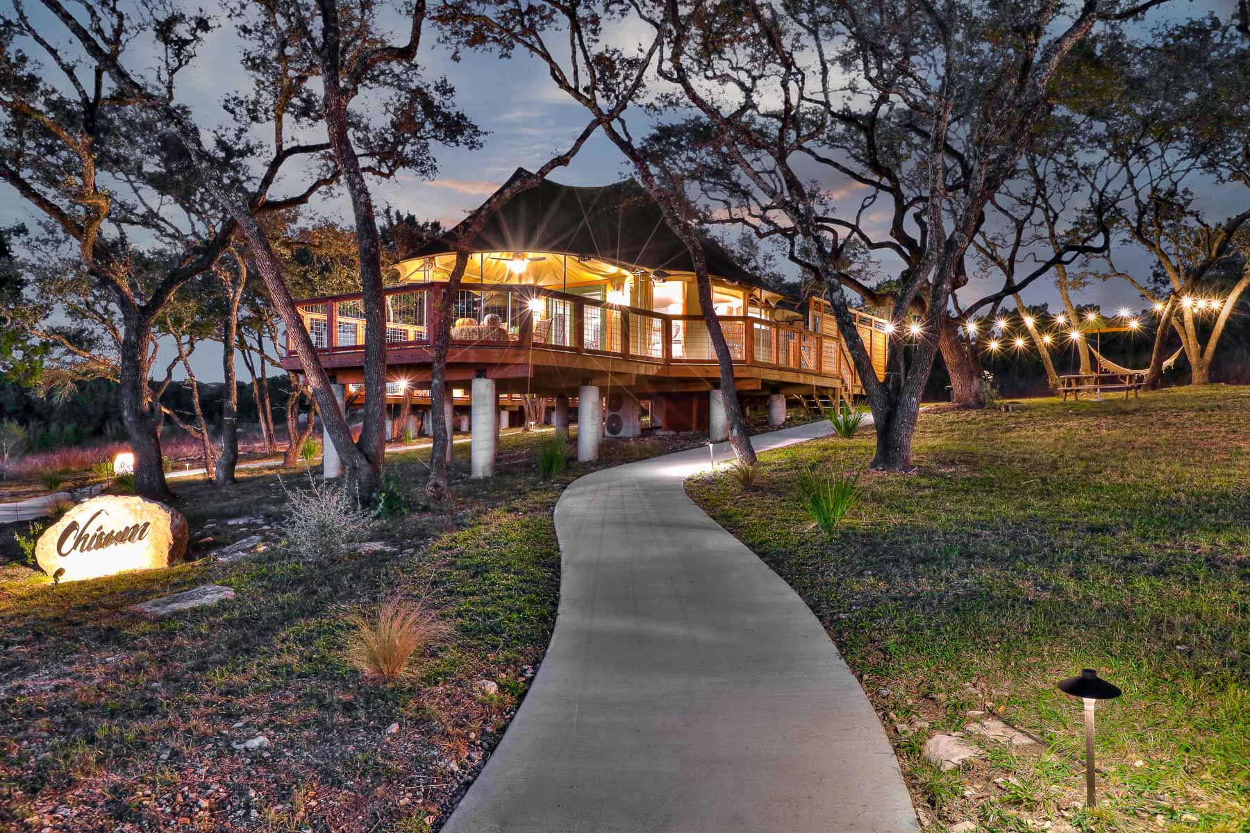 Exterior of luxury glamping safari tent at Spoon Mountain Campground - Wimberley, Texas