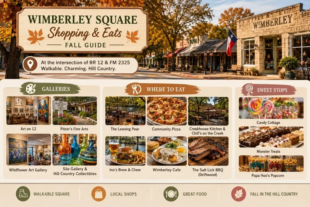 Wimberley Square Shopping Guide and Where to Eat in Wimberley TX in Fall