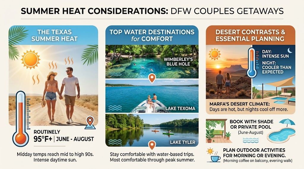 Romantic Weekend Getaways Near DFW: Ultimate 2026 Guide 34 Summer Heat Considerations for DFW Couples Getaways