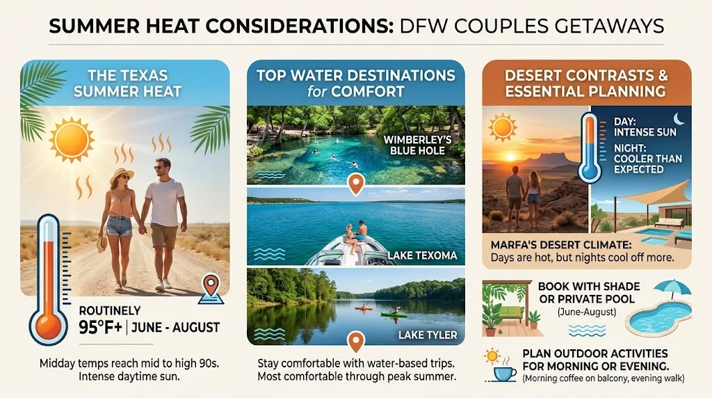 Romantic Weekend Getaways Near DFW: Ultimate 2026 Guide 34 Summer Heat Considerations for DFW Couples Getaways