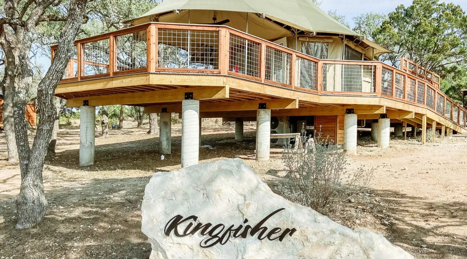 Safari tent on the hillside at Spoon Mountain Glamping near Austin in Wimberley, Texas